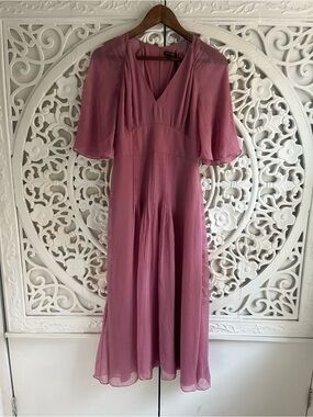 NWT Massimo Dutti Romantic Mauve Flutter Sleeve Pleated Midi Dress US 4